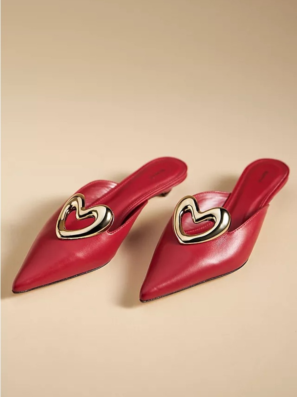 ❤️ NEW French Connection Red Pointed-Toe Mules with Gold Heart Detail